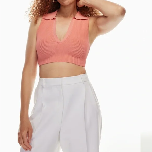 Aritzia Babaton Contour Sculpt Knit Polo Top Ribbed Collared Cropped Size Medium - Picture 7 of 7